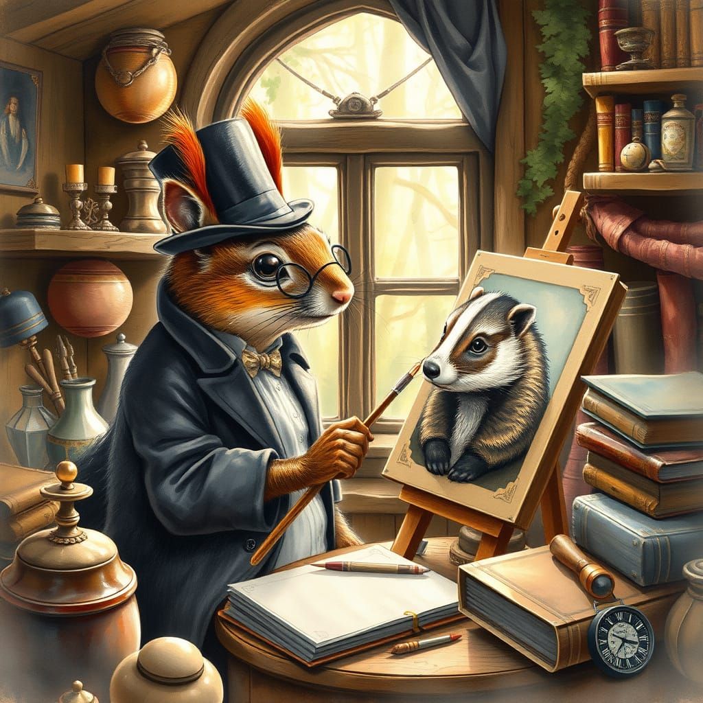 Elegant Squirrel Paints Dignified Badger in Whimsical Forest...