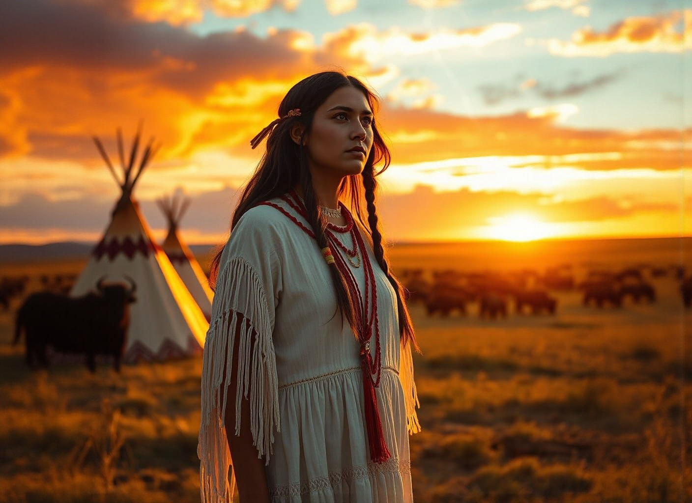 Lakota Woman in Plains Village at Sunset