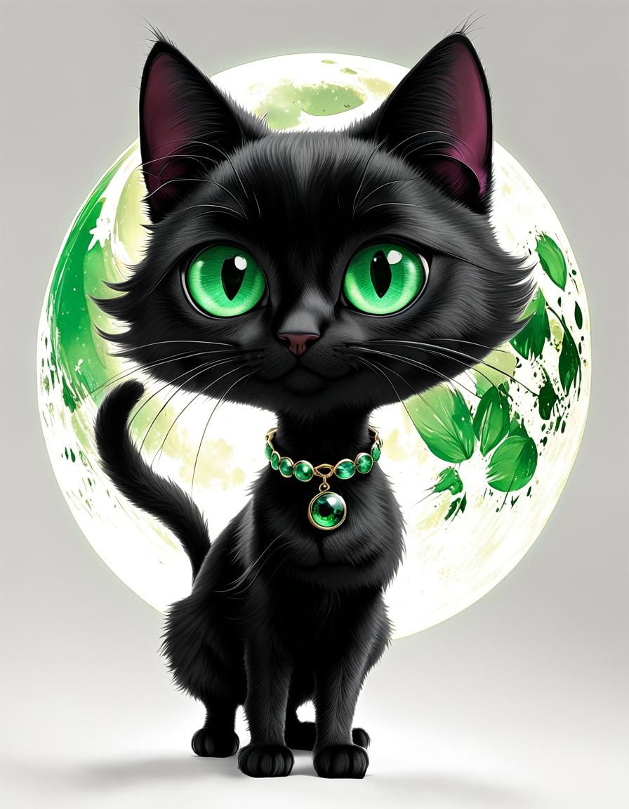 Pixar-Style Black Cat with Moon Tag
