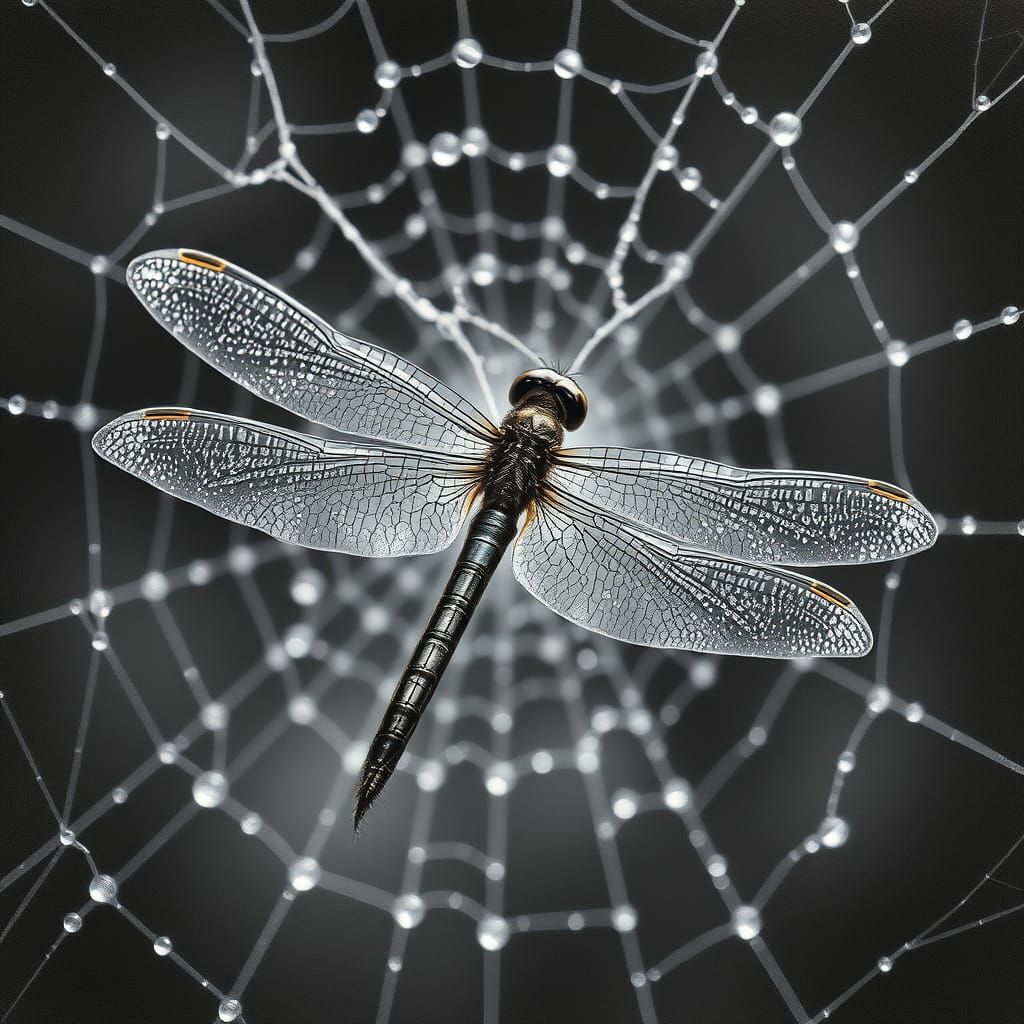 Dragonfly Amidst Dew-Kissed Spider Web in Hyper-Realistic Ch...