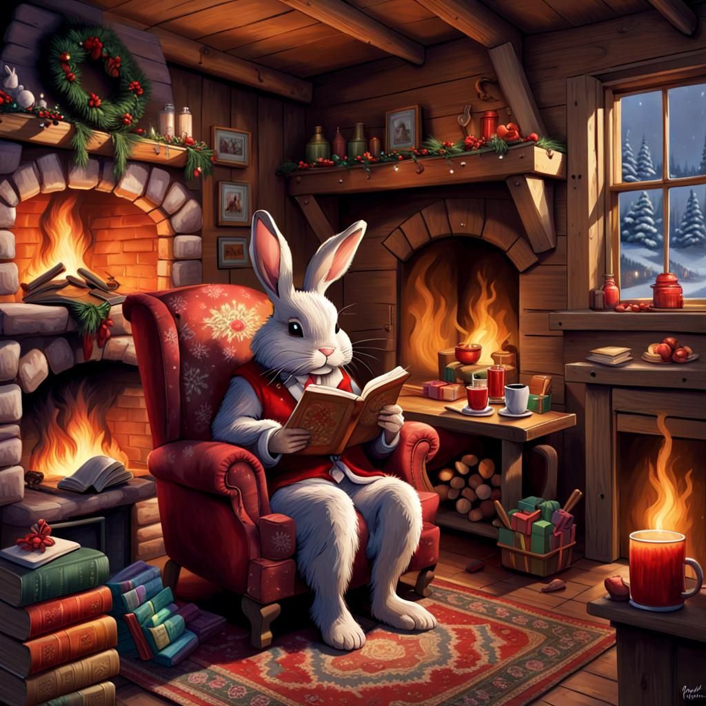 Festive Bunny Reading by the Fireplace