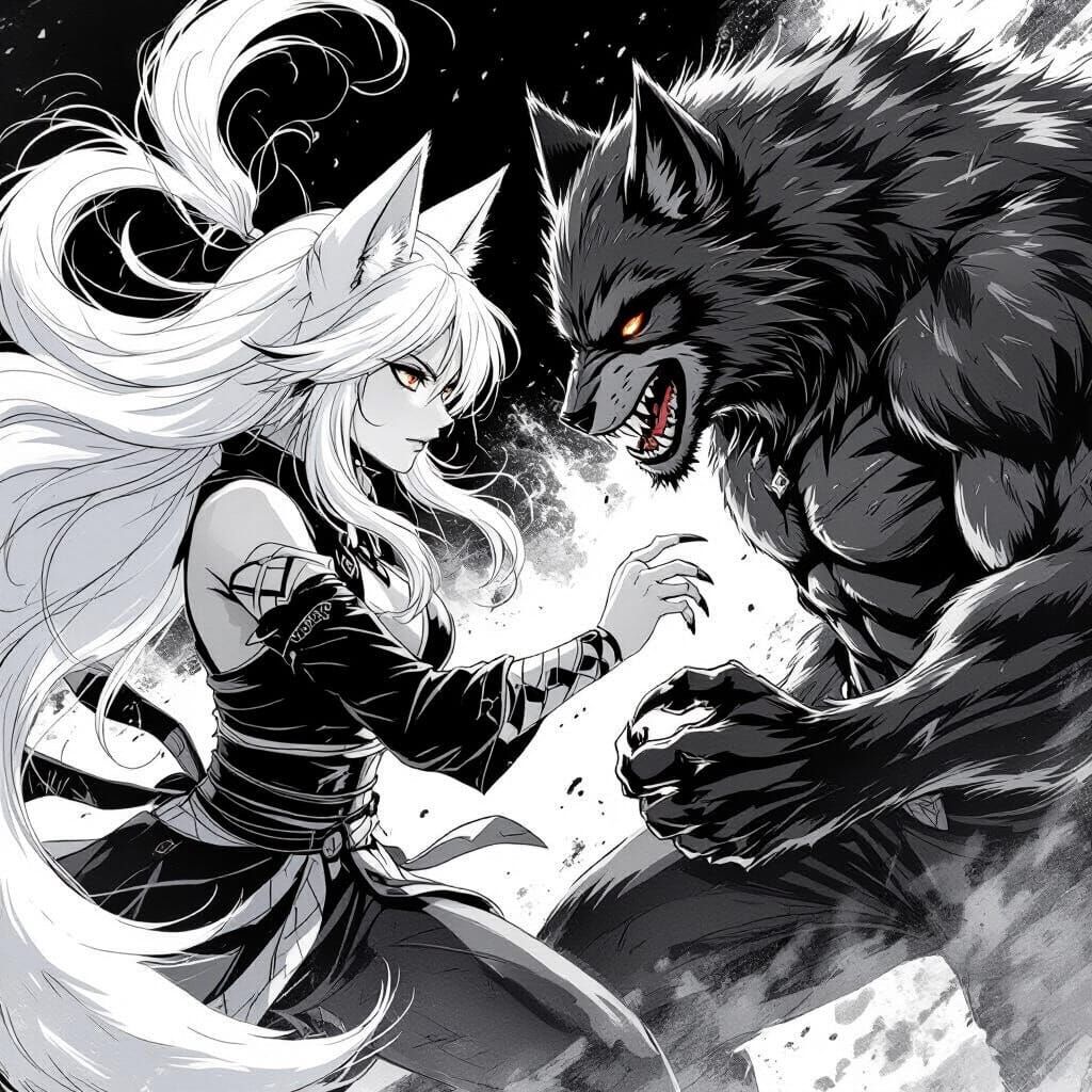 Kitsune and Werewolf Battle in B&W Manga Style