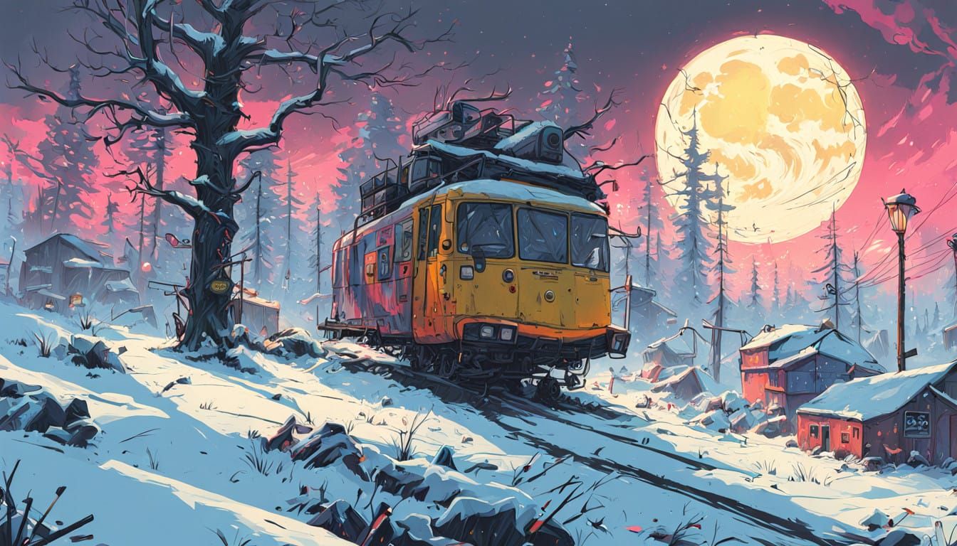 Fantastical Tree Silhouettes Across Snowy Landscape in Vibra...