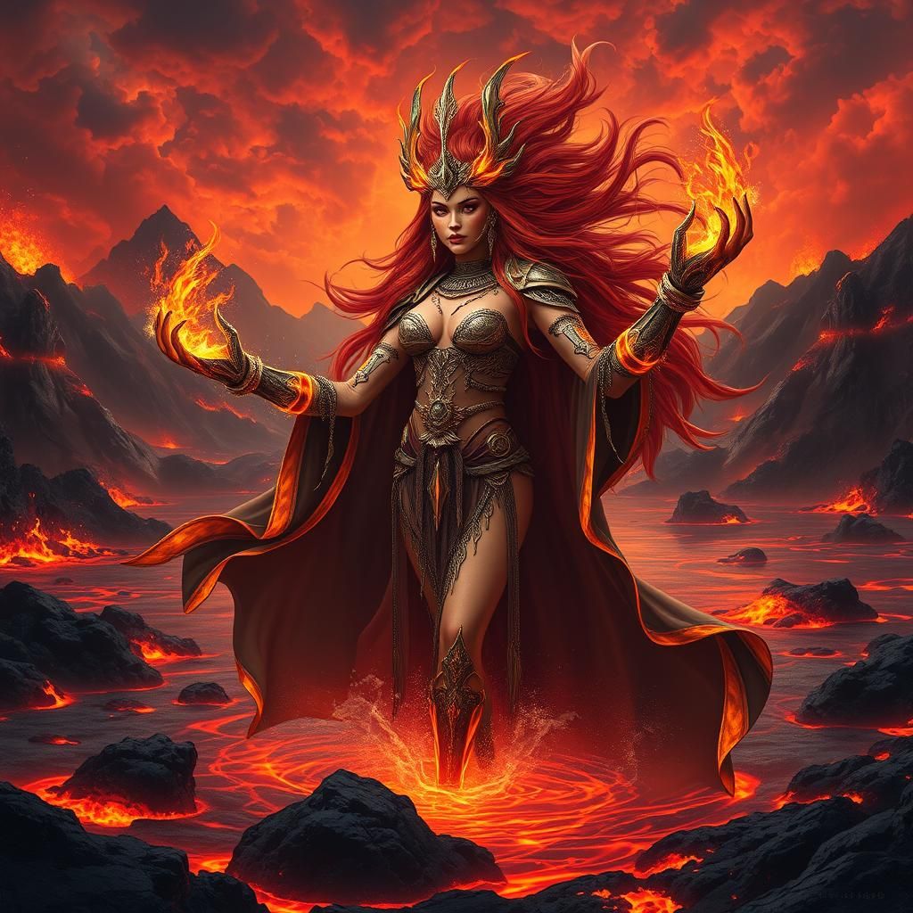 Fire Goddess Emerges from Lava Lake in Surreal Style