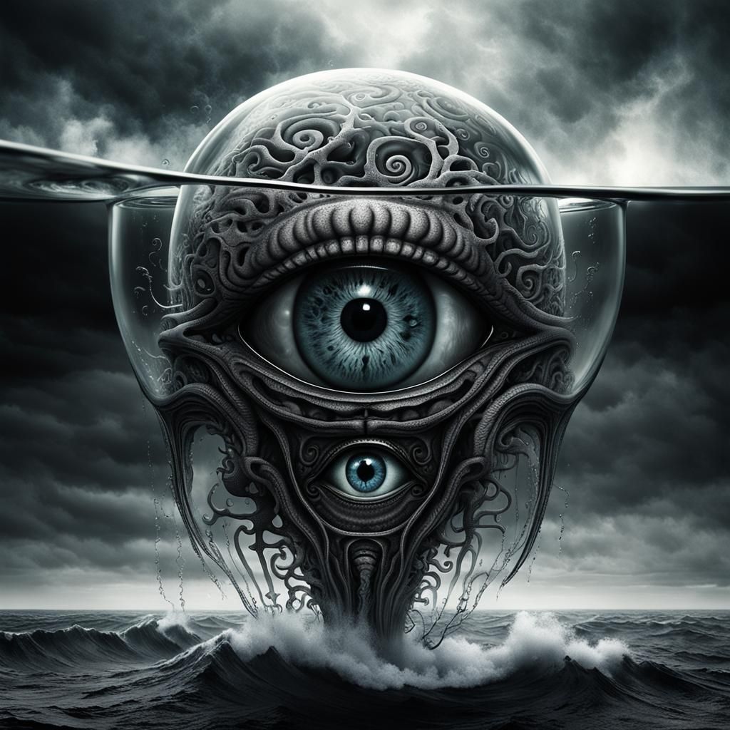 Glass A with Eye and Brain in Dark Fantasy Style