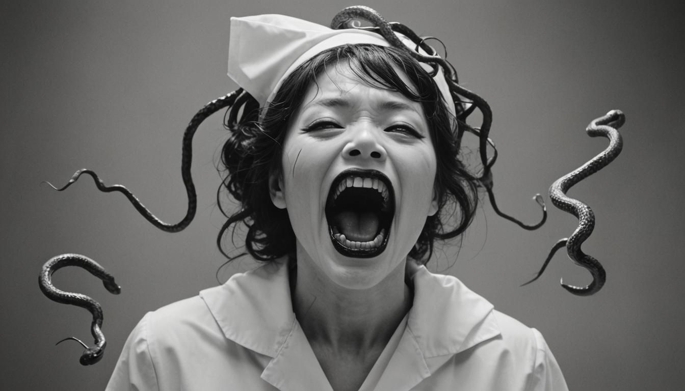 a black and white photo of a woman with her mouth open, yosh...