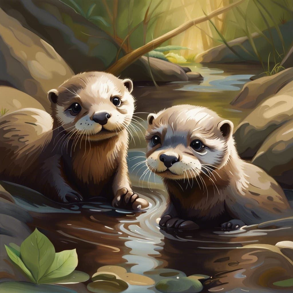 Realistic Painting of Baby Otters Playing