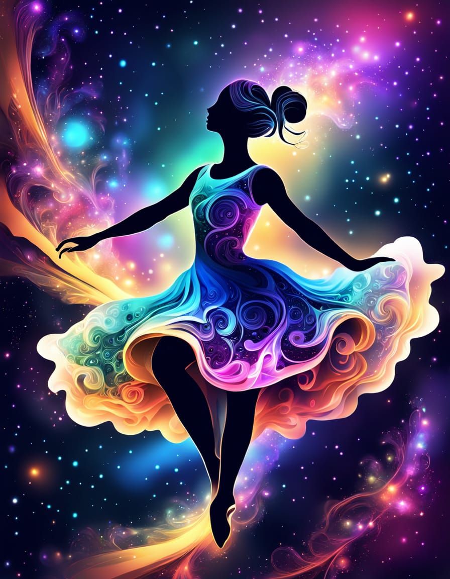 Ballerina Leaping in Galaxy with Zentangle Art Style