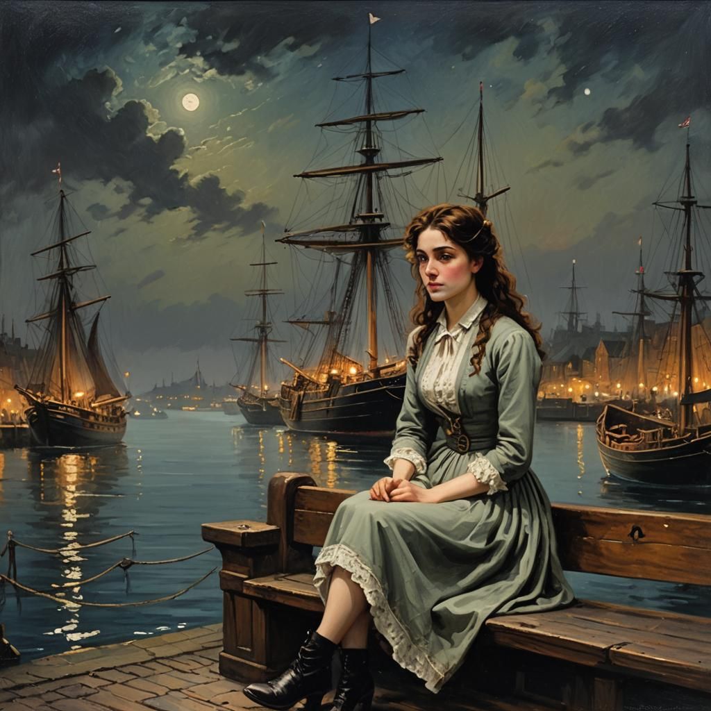 Victorian Harbour Scene at Night as Oil Painting