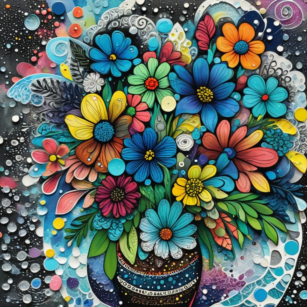Colorful Zentangle Flower Bouquet in Artistic Vase