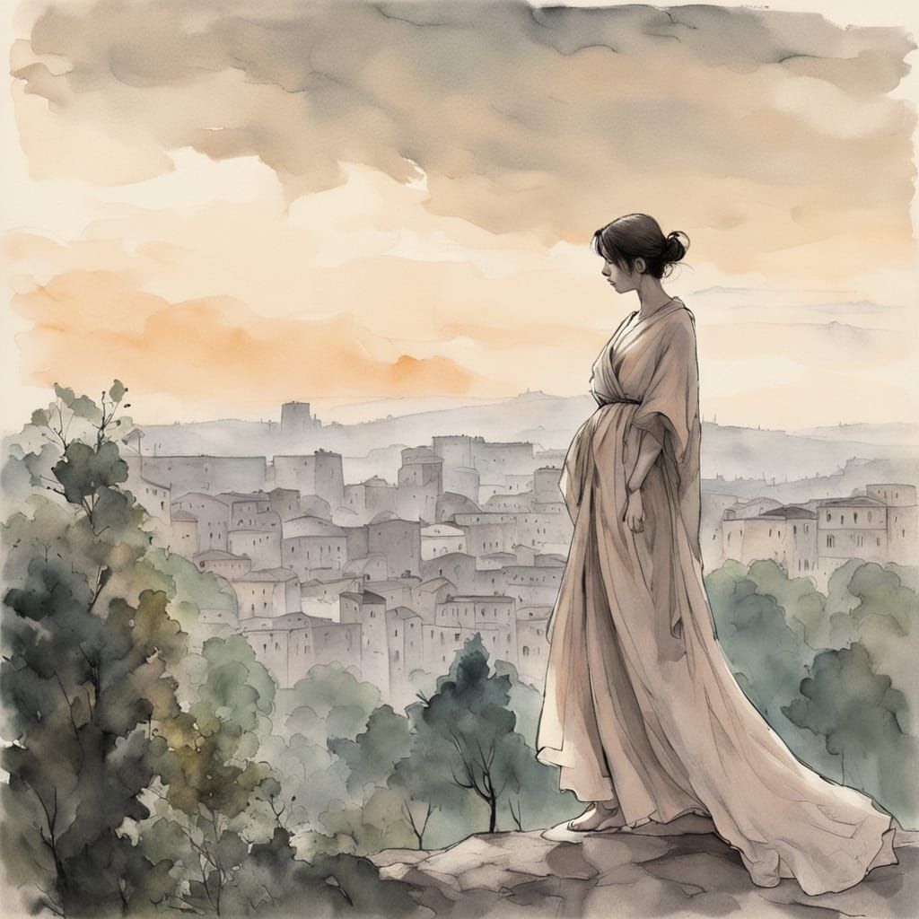Woman Overlooking Ancient Rome at Dawn in Ink Wash Style