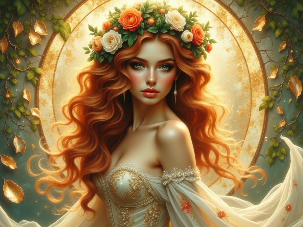 Ethereal Red-Haired Goddess in Alphonse Mucha Style