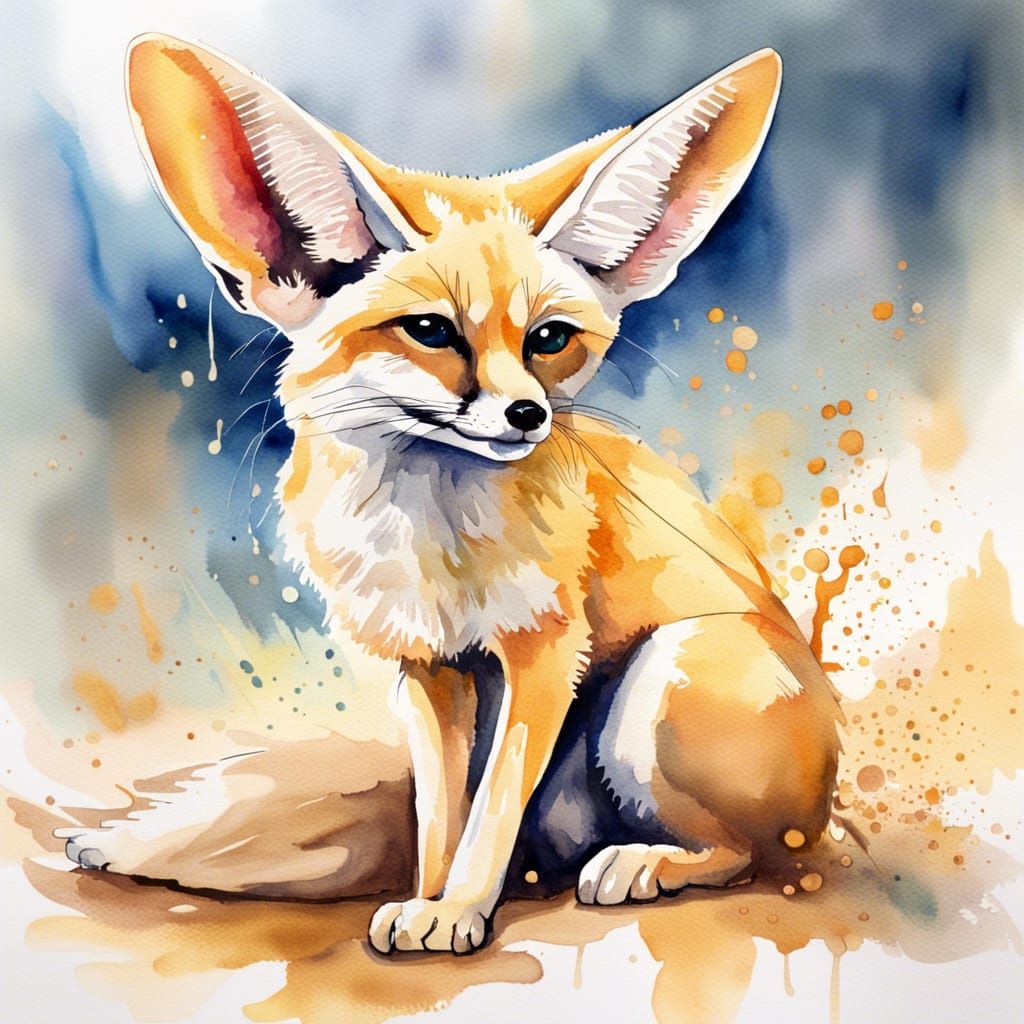 Watercolor Splash Painting of a Fennec Fox