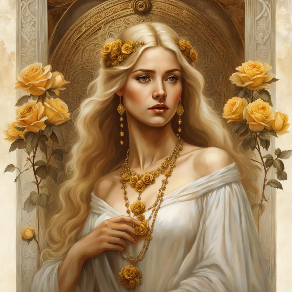 Medieval Maiden with Golden Roses in Fantasy Style