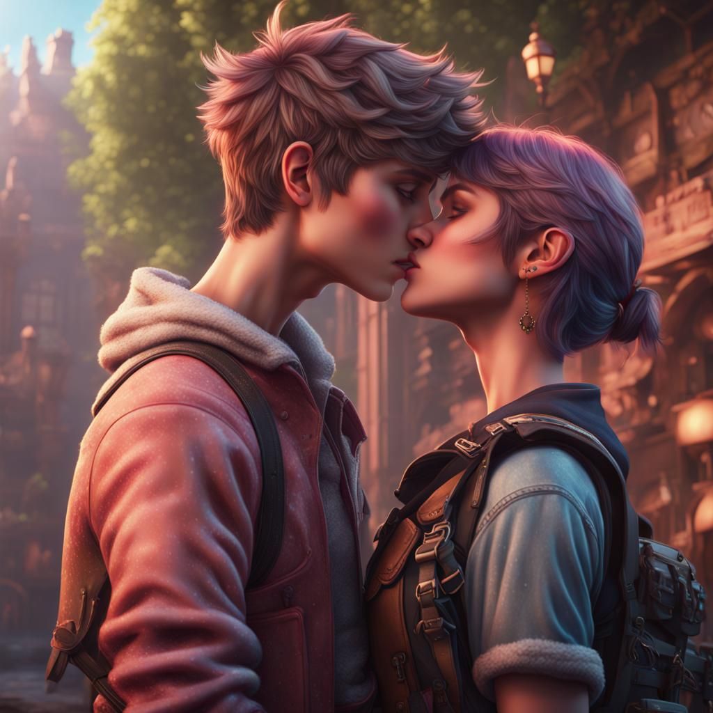 Boy Kissing Tomboy: Detailed Matte Painting