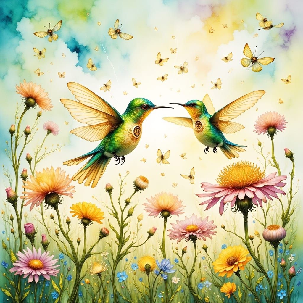 Clockwork Hummingbirds and Giant Dandelions in Watercolor St...