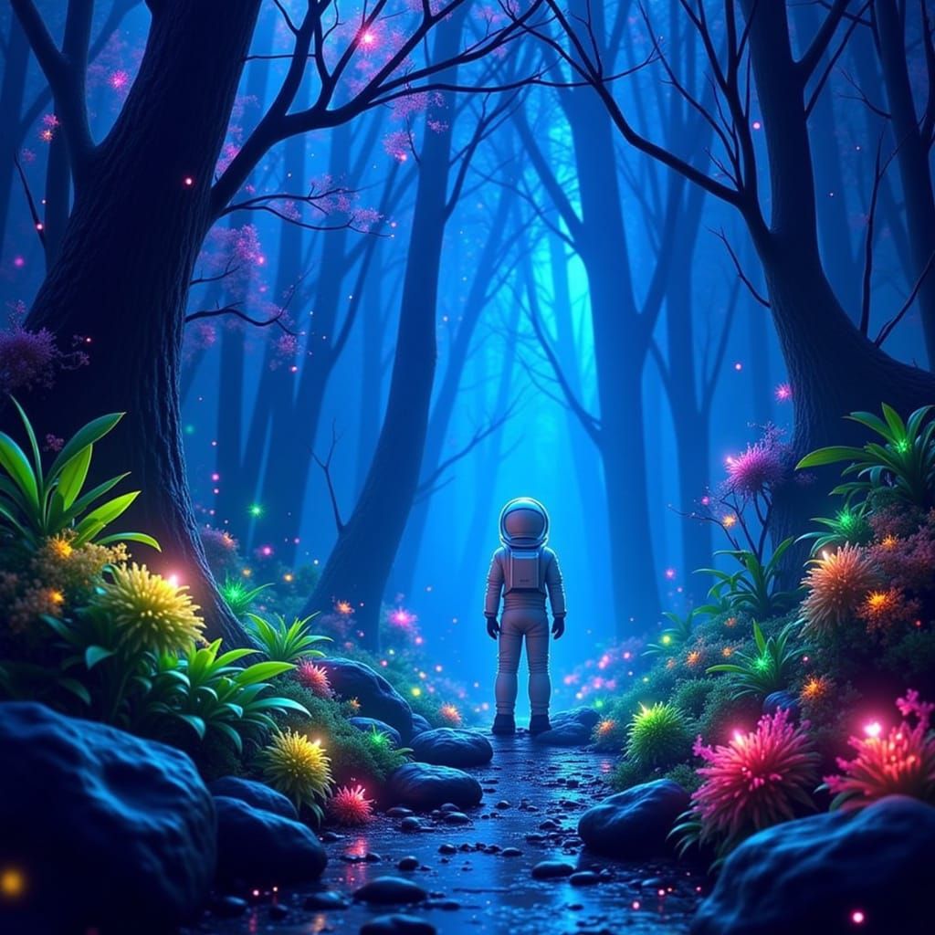 Astronaut Explores Bioluminescent Alien Jungle