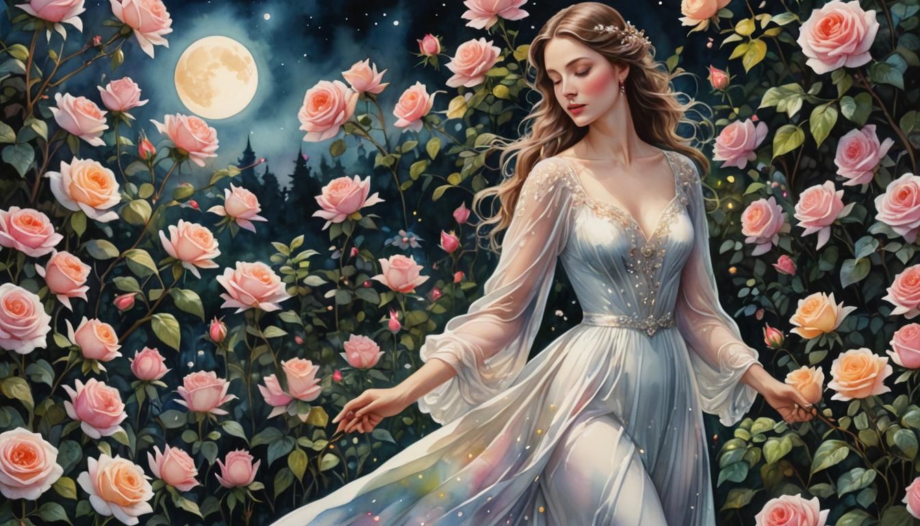 Moonlit Rose Garden in Romantic Watercolor Style