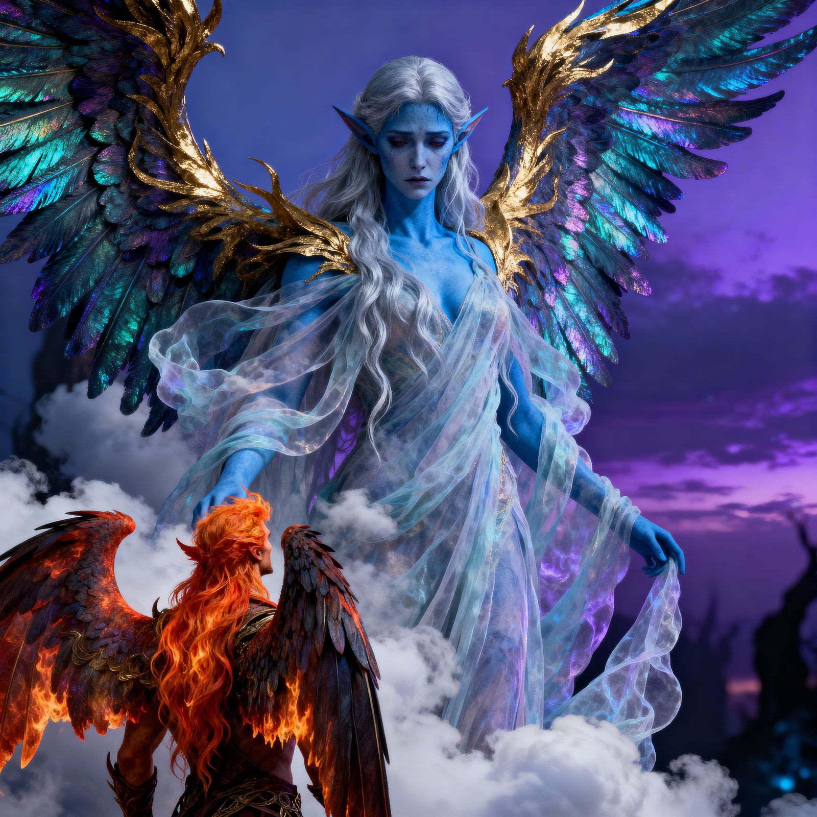 Elven Goddess of Skies With Fire Genasi Champion