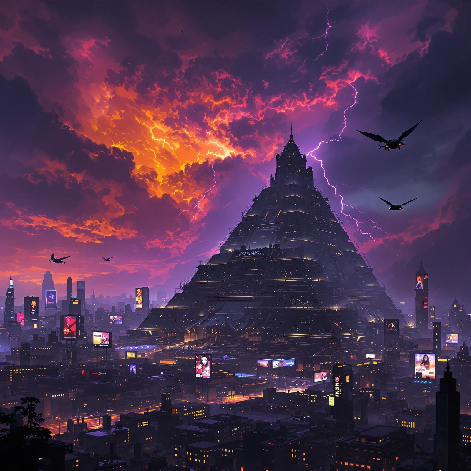 Cyberpunk Fortress Monolith in a Stormy Cityscape