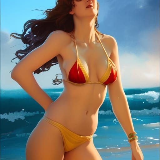 Teen in Golden Bikini on Beach, Detailed Portrait