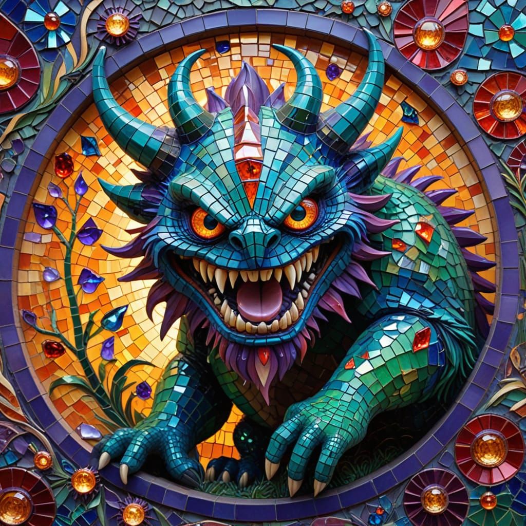 Fantastical Mosaic Monster with Iridescent Scales