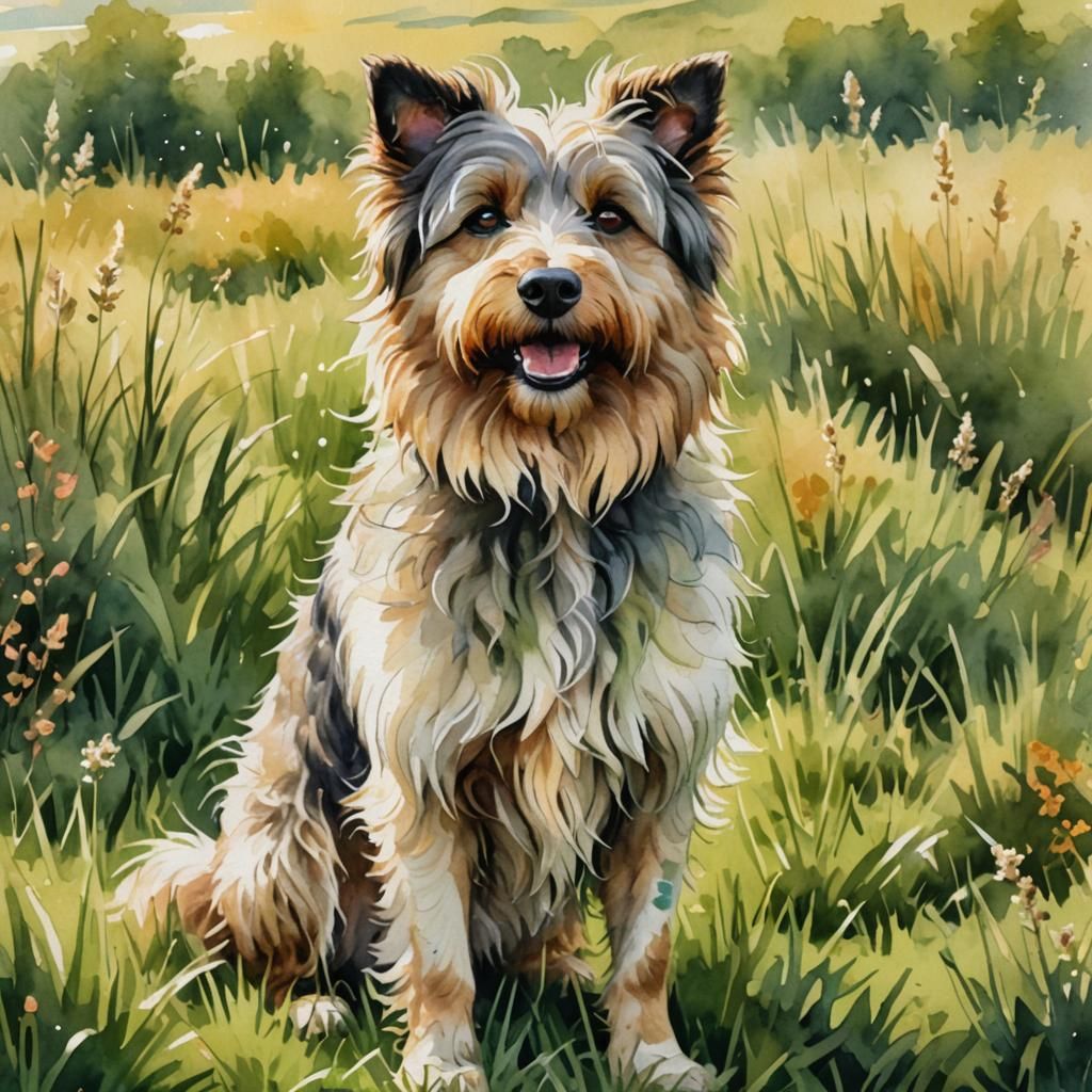 Whimsical Watercolor of Shaggy Dog in Meadow