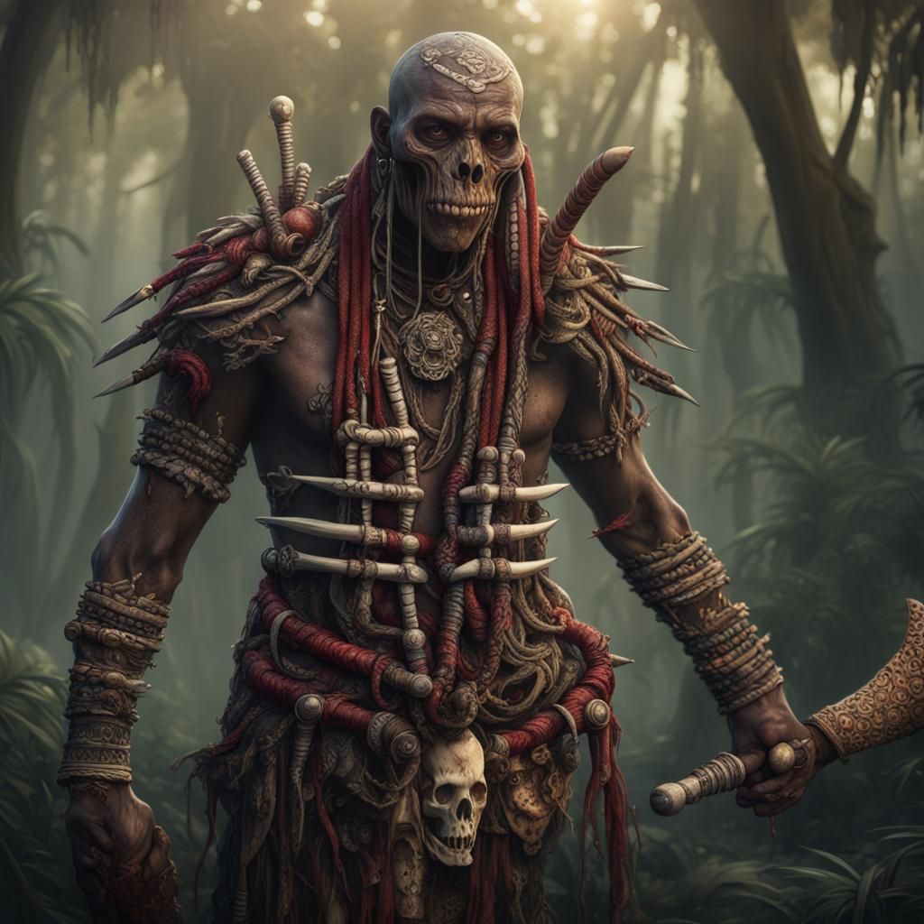 Fierce Voodoo Cannibal Warrior in Bone Armor