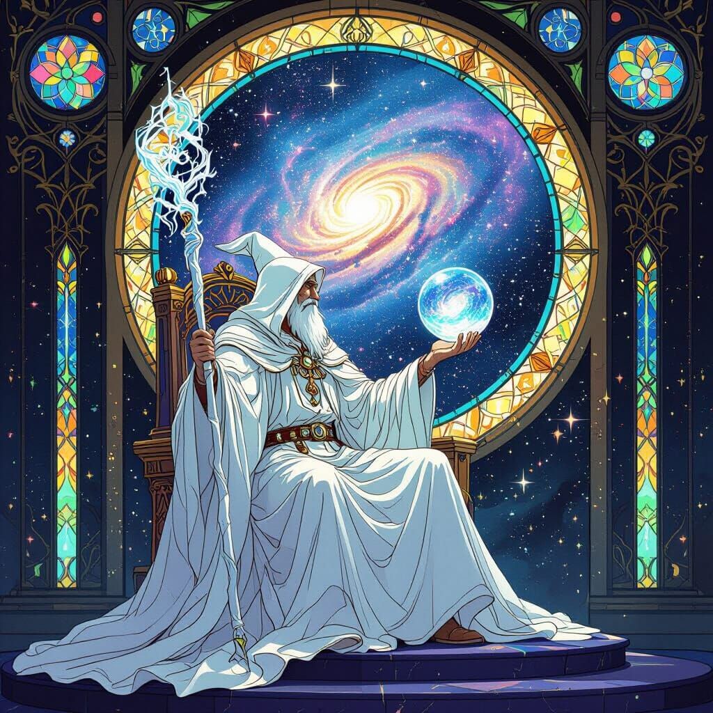Celestial Wizard Gazing at Galaxy, Digital Art Nouveau