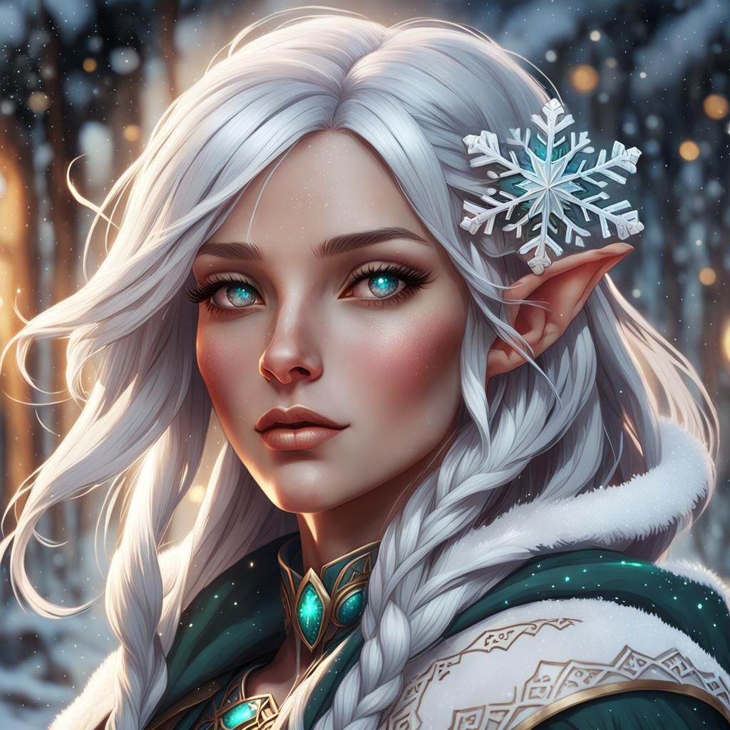 Intricate Elf Portrait with Snowflakes, Detailed Digital Art