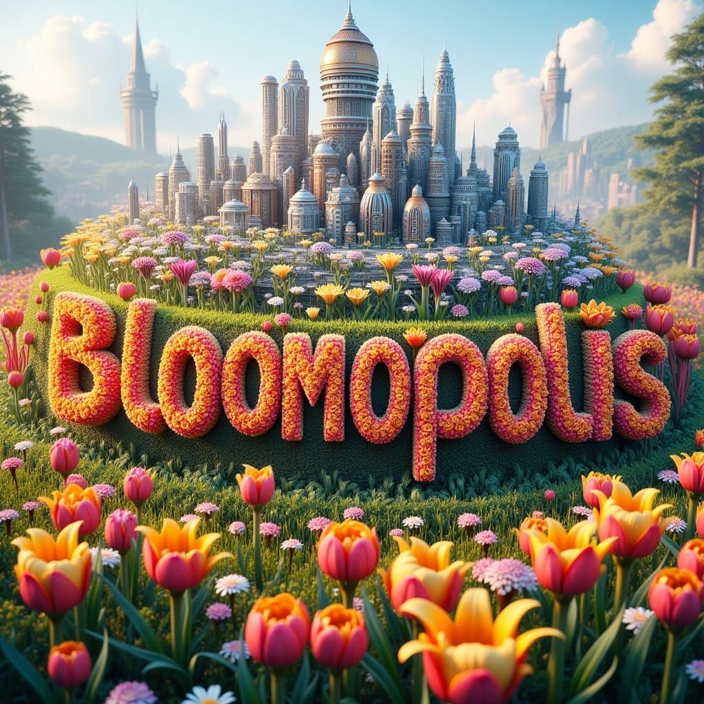 Bloomopolis: Floral Text Over City in a Flower