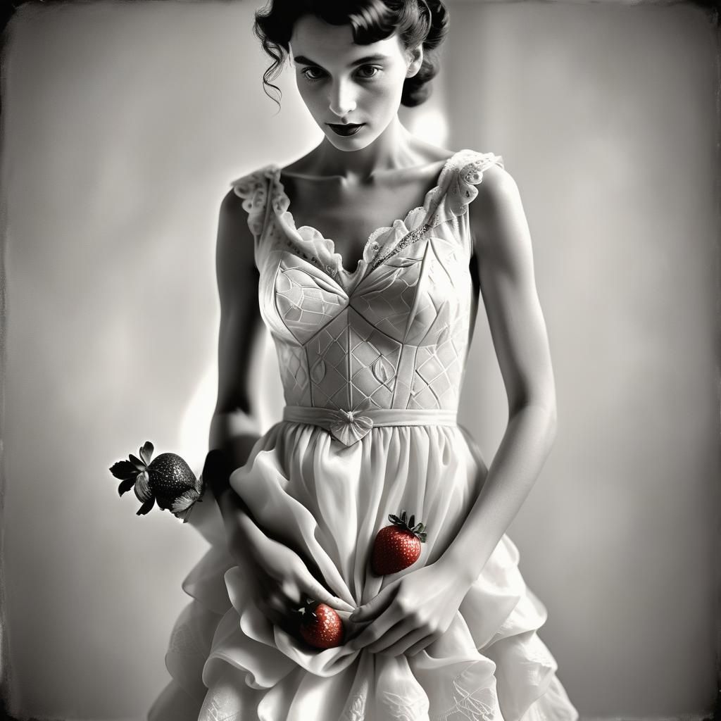 Elegant Woman with Strawberry in High-Contrast Black and Whi...