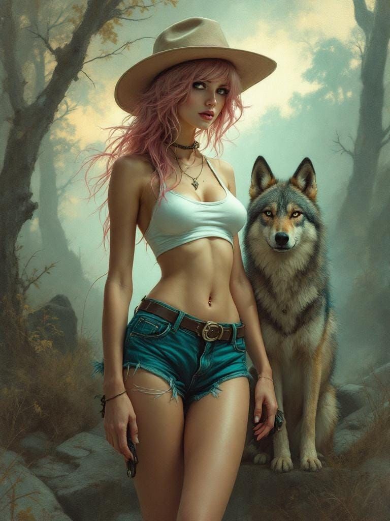 Punk Woman with Wolf in Impressionist Style