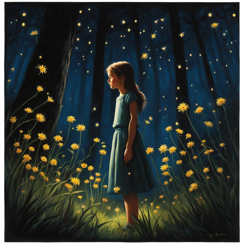 Whimsical girl in the forest looking at moonlight lit by fir...