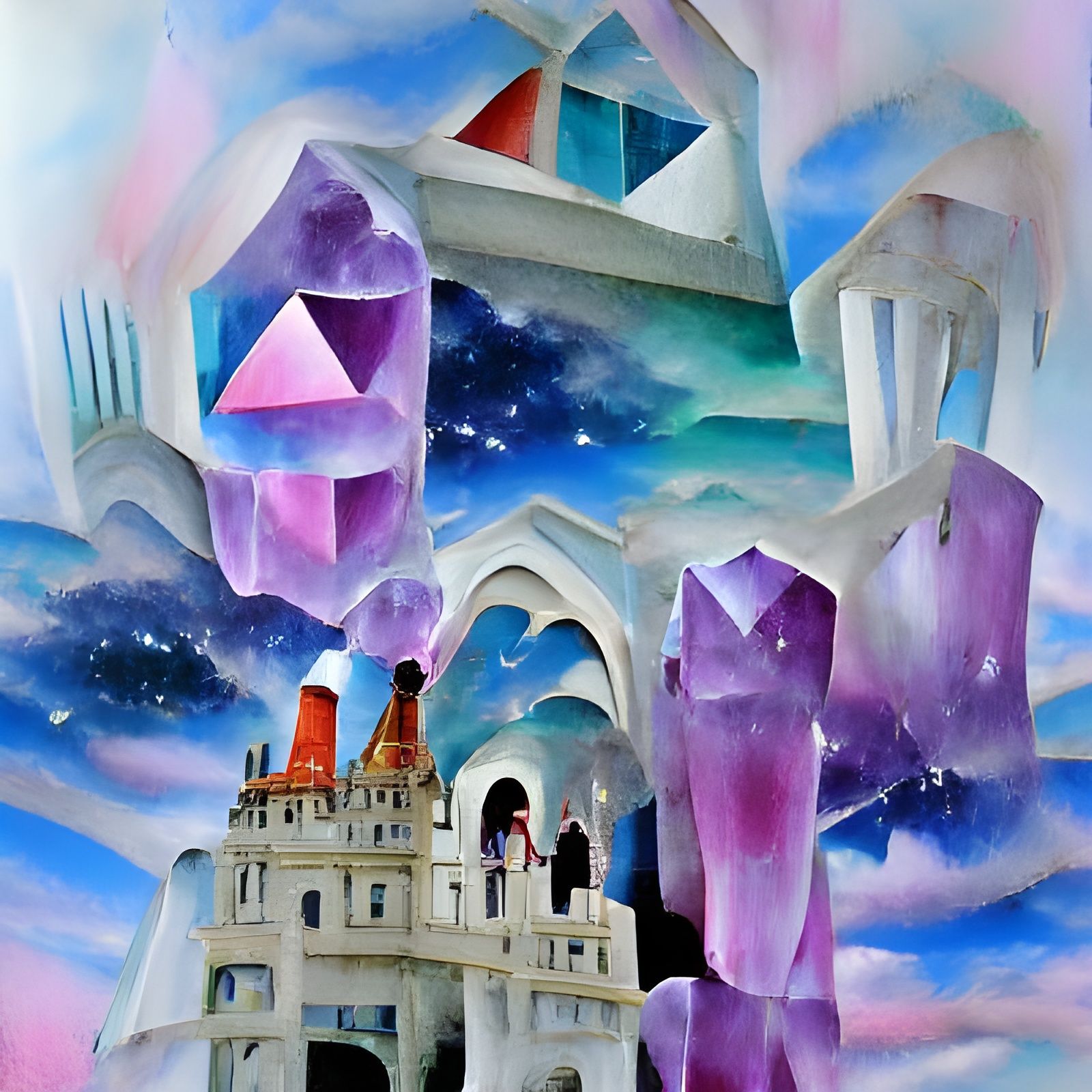 Surreal Crystal Castle Watercolor Painting