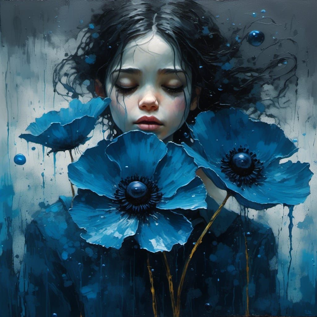 Woman with Blue Poppy in Impasto Oil Painting