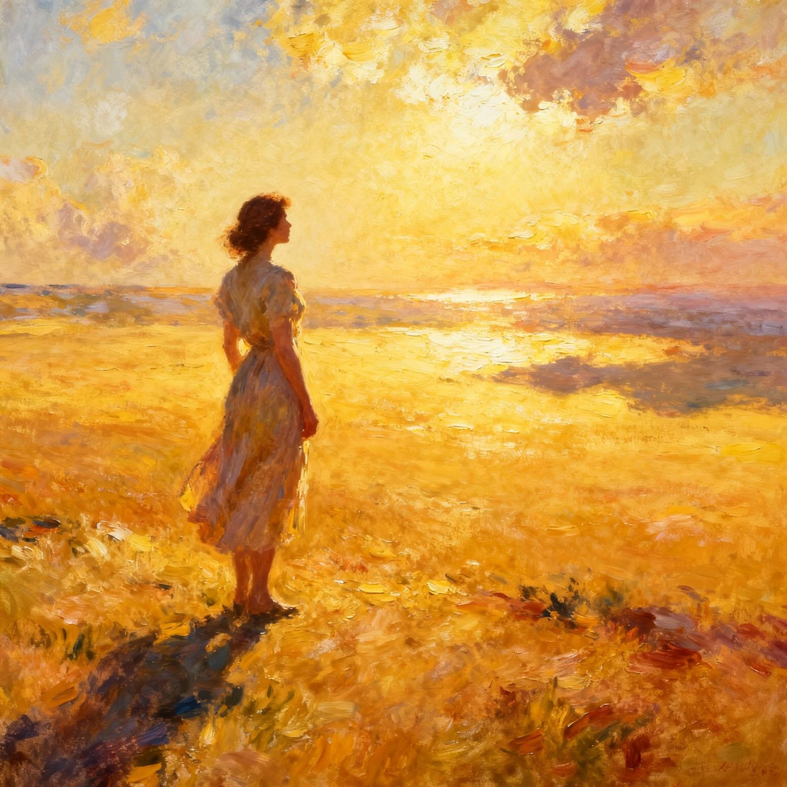 Woman Gazing on Sun-Drenched Plain in Luminous Impressionist...