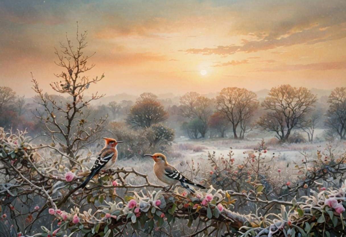 Hoopoe Bird on Frozen Branch in Abstract Watercolor