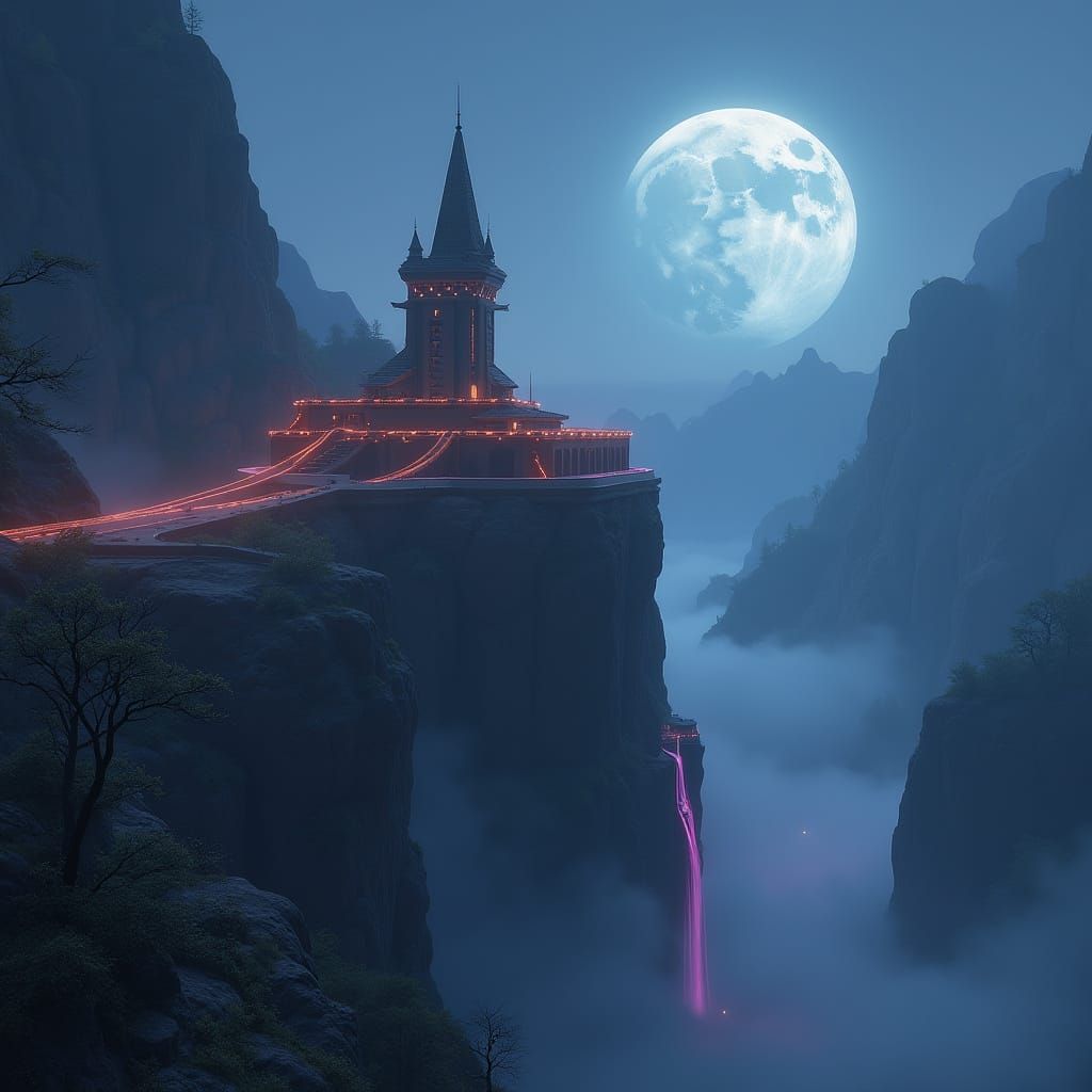 Ethereal Mountaintop Monastery Under Supermoon Glow