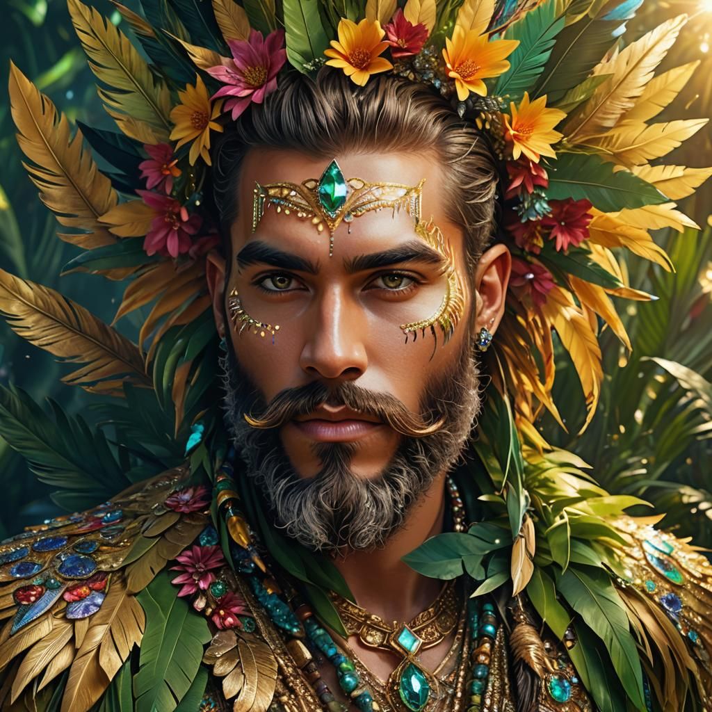 Bejeweled Tribal Beard Portrait in 3D Digital Art