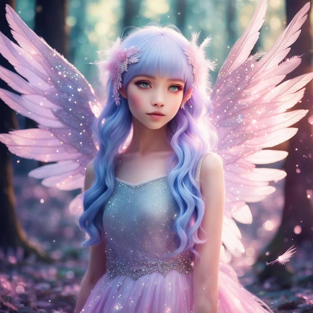 Pastel Anime Girl with Wings in Forest