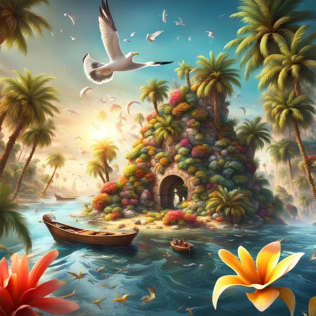 Island Oasis 3D Map in Hyperrealistic Digital Art