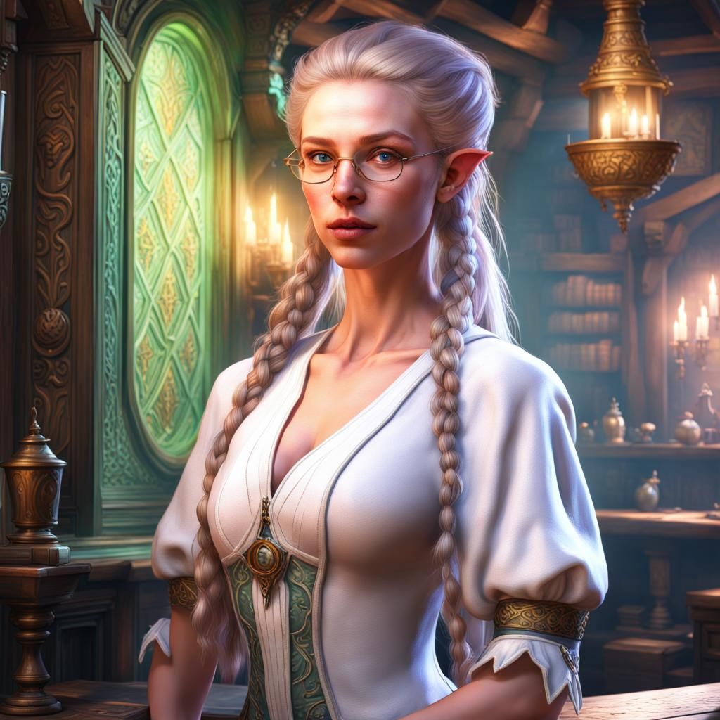 Joyful Elf Sorceress in Detailed Tavern