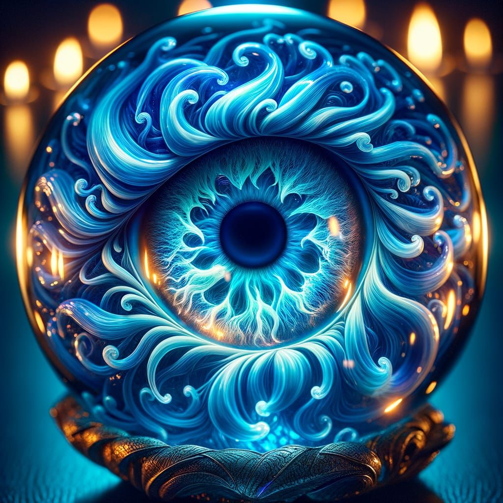 Glass Eye Orb With Swirling Blue Liquid Fire