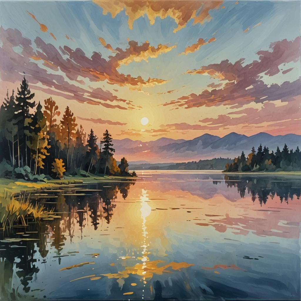 Serene Lake at Dawn in Gouache Style