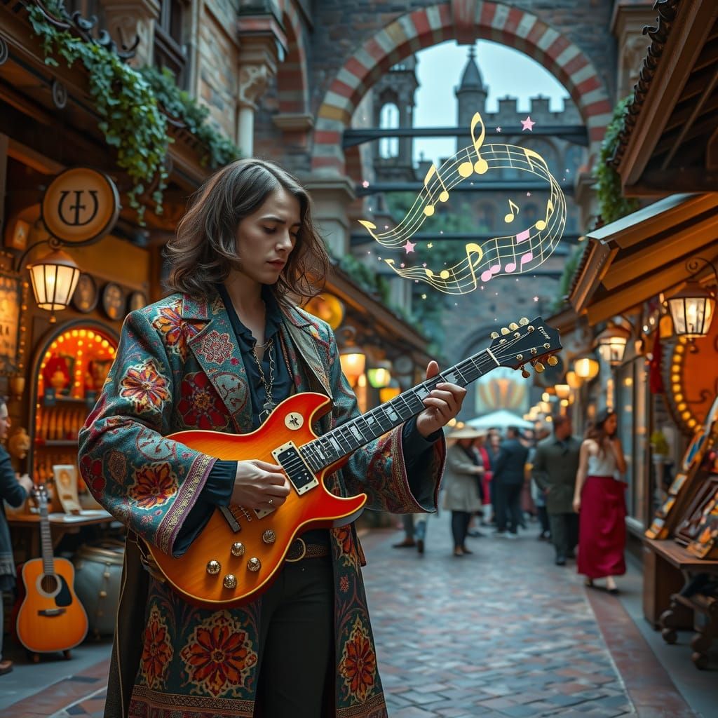 Solarpunk Minstrel's Magical Performance in Medieval World