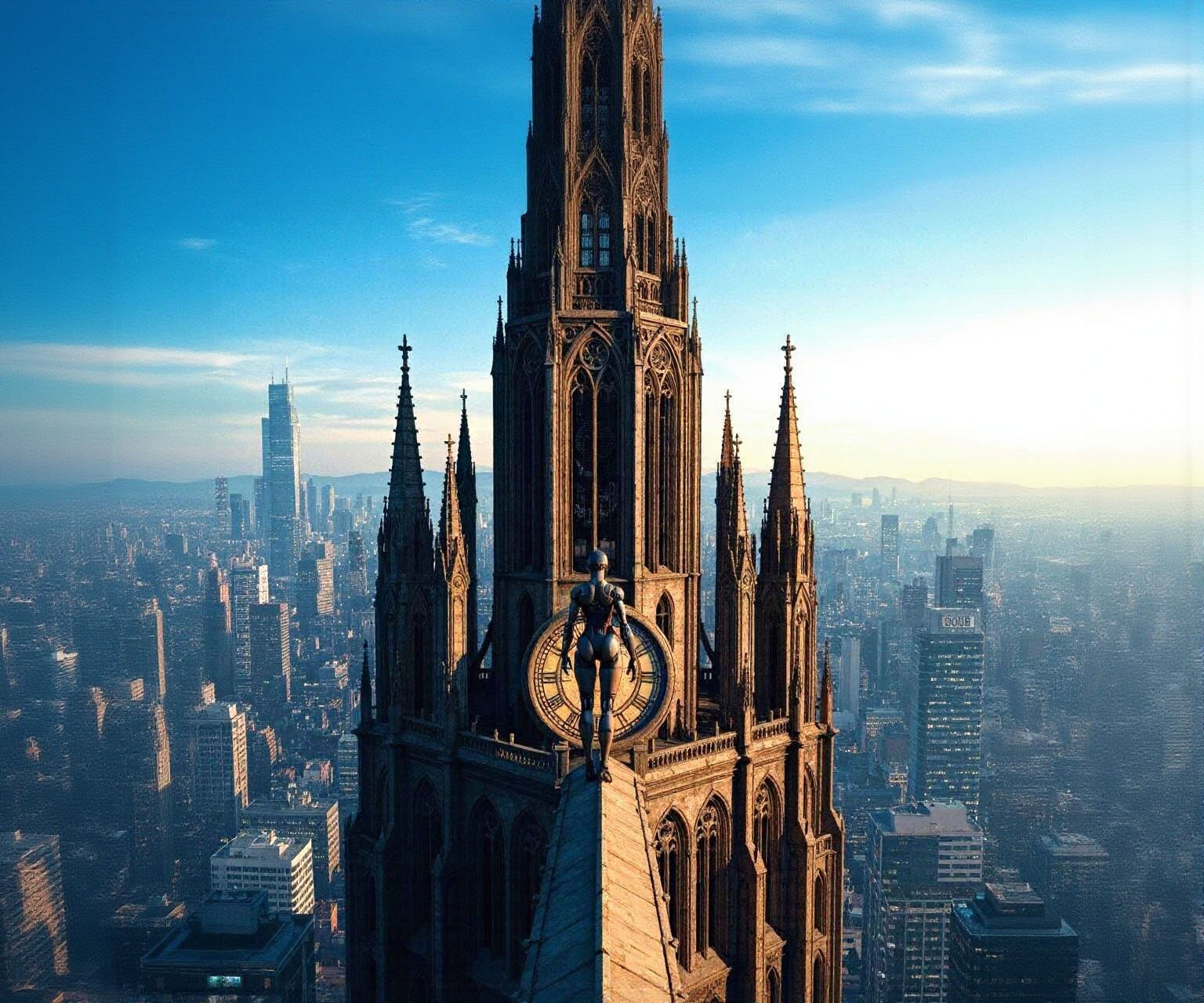 Female Robot Overlooks Cyberpunk City from Clockwork Cathedr...