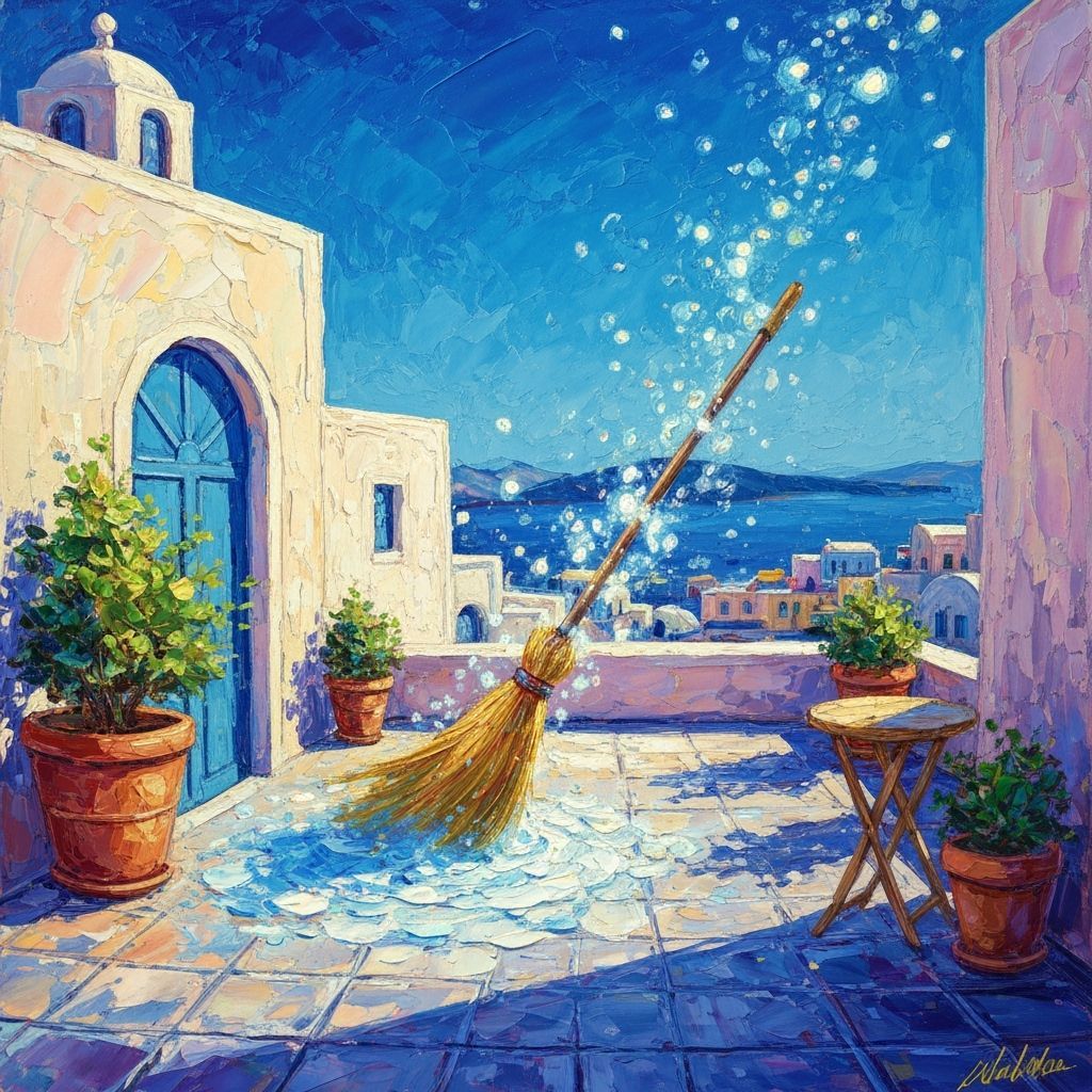 Magical Santorini Terrace Cleaning in Impasto Oil Style