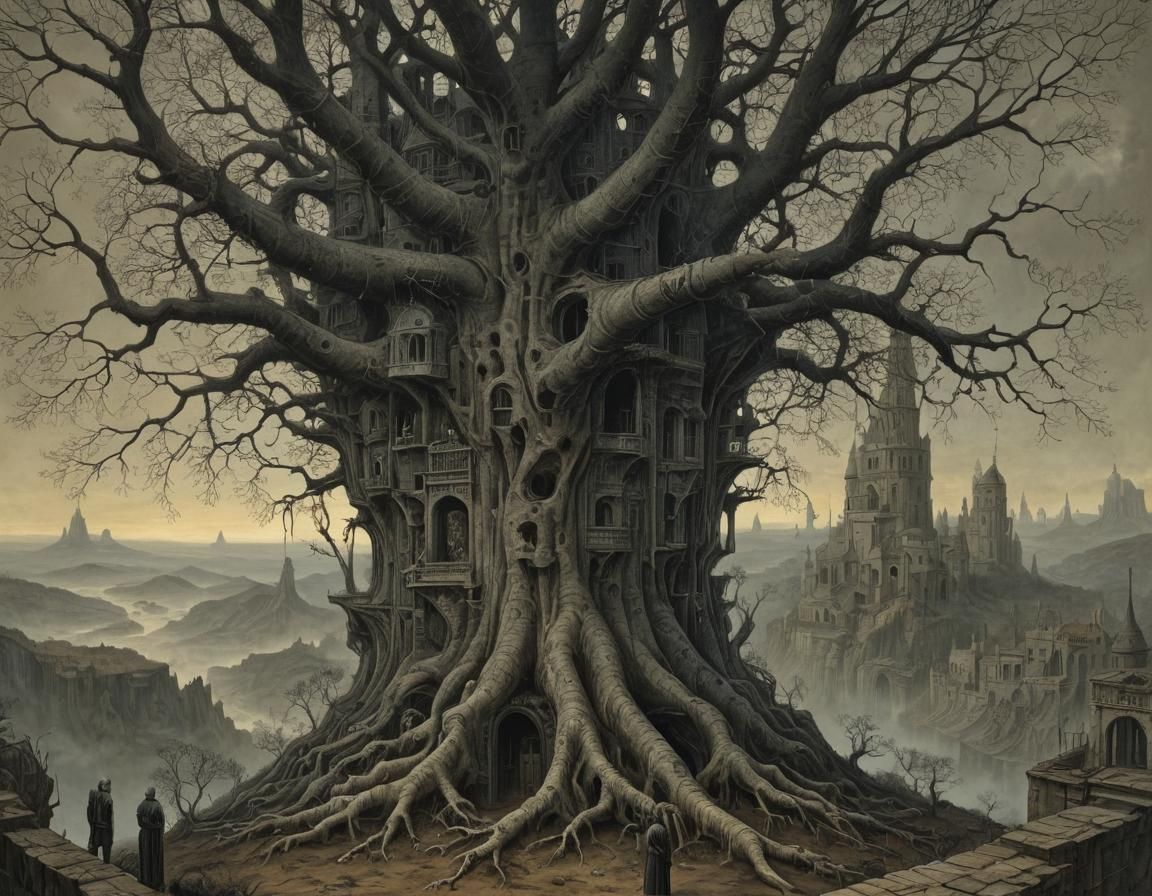 Surreal Tree Structure in Dreamlike Landscape