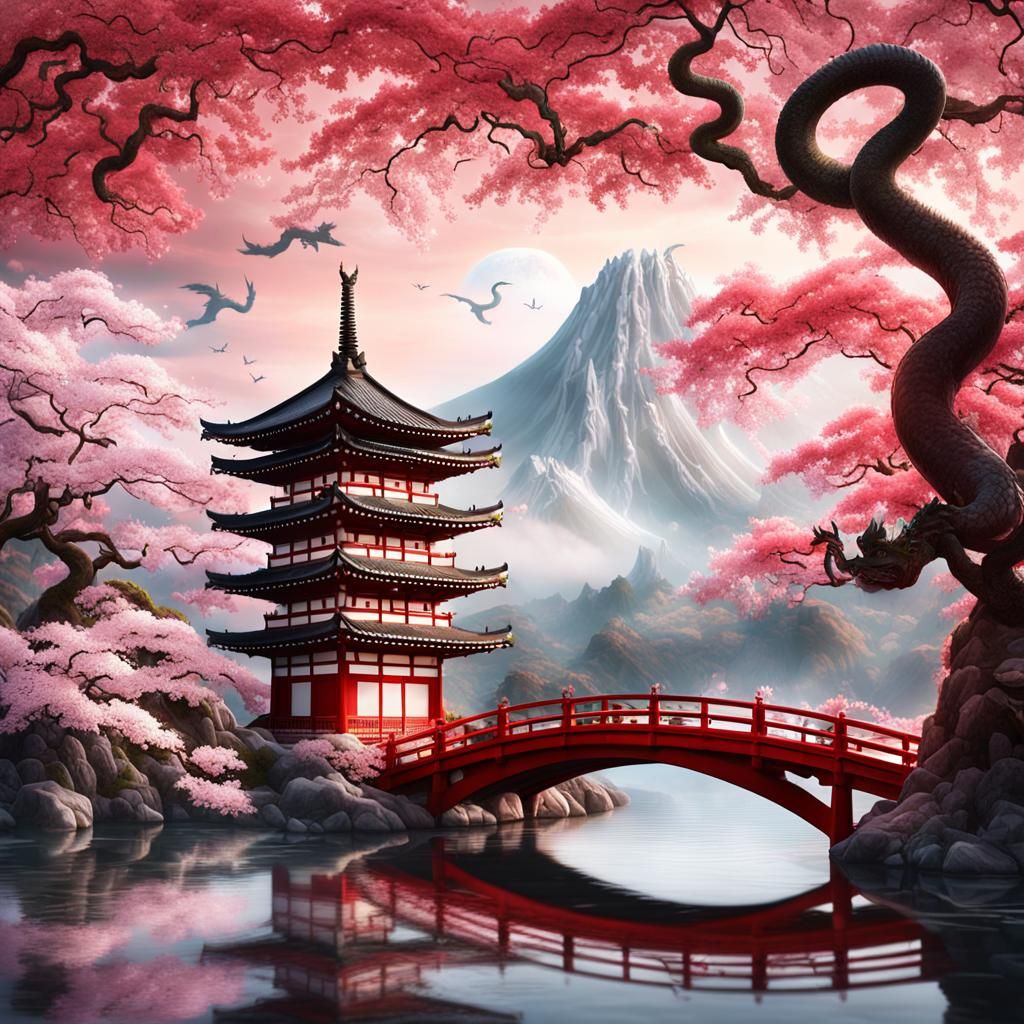 Japanese Temple with Dragon in Fantasy Art Style